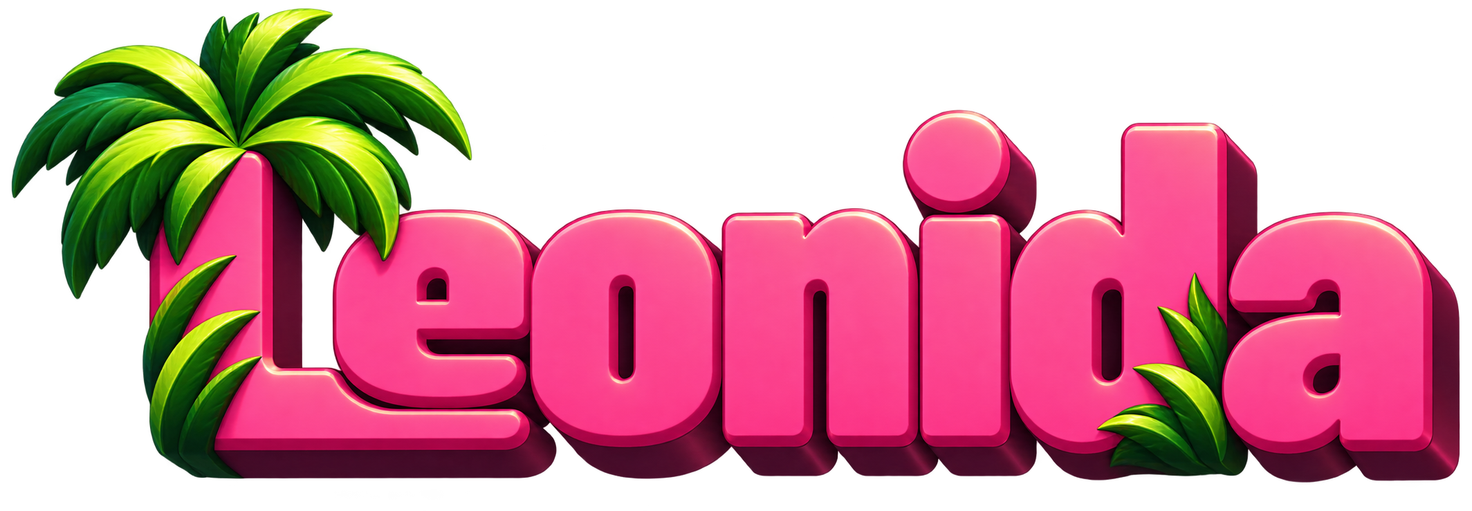 Leonida with sculpted pink lettering and green palms